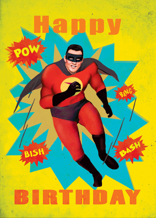 Happy Birthday Running Superhero Greeting Card by Max Hernn